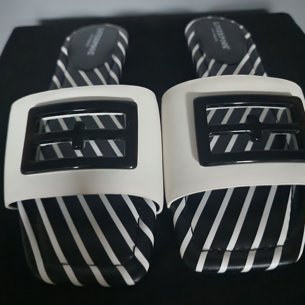 LIVERPOOL of LOS ANGELES Black and White Striped Sandals with Buckle